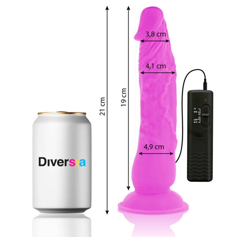 Dildo realista flexible con vibración de color lila, 21 cm de longitud y 4.9 cm de diámetro, marca DIVERSIA.
