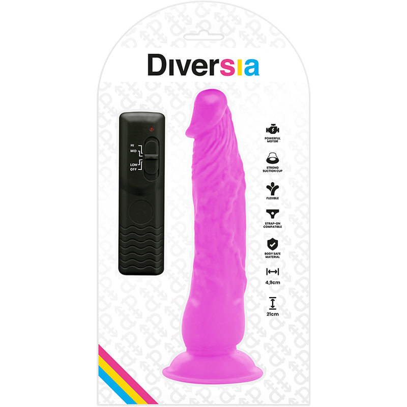 Dildo realístico flexible con vibración de color lila, 21 cm de longitud y diámetro de 4.9 cm, marca Diversia.