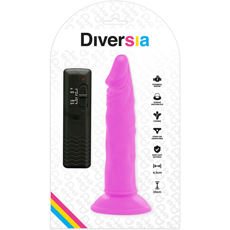 Dildo realístico flexible con vibración de color lila, 23 cm de longitud y 4.3 cm de diámetro, de la marca DIVERSIA.
