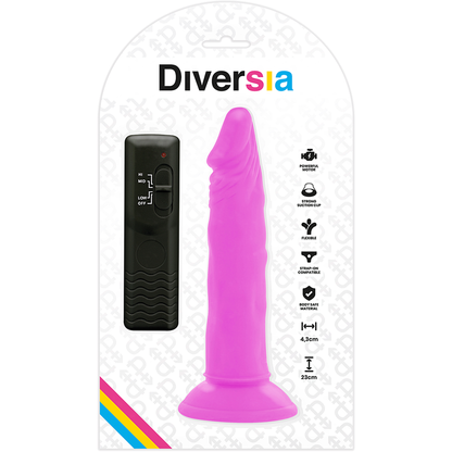 Dildo realístico flexible con vibración de color lila, 23 cm de longitud y 4.3 cm de diámetro, de la marca DIVERSIA.