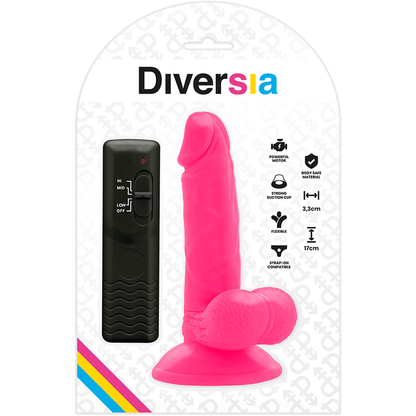 Dildo realista rosa flexible con vibración de 17 cm y diámetro de 3.3 cm, de la marca DIVERSIA, en imagen.
