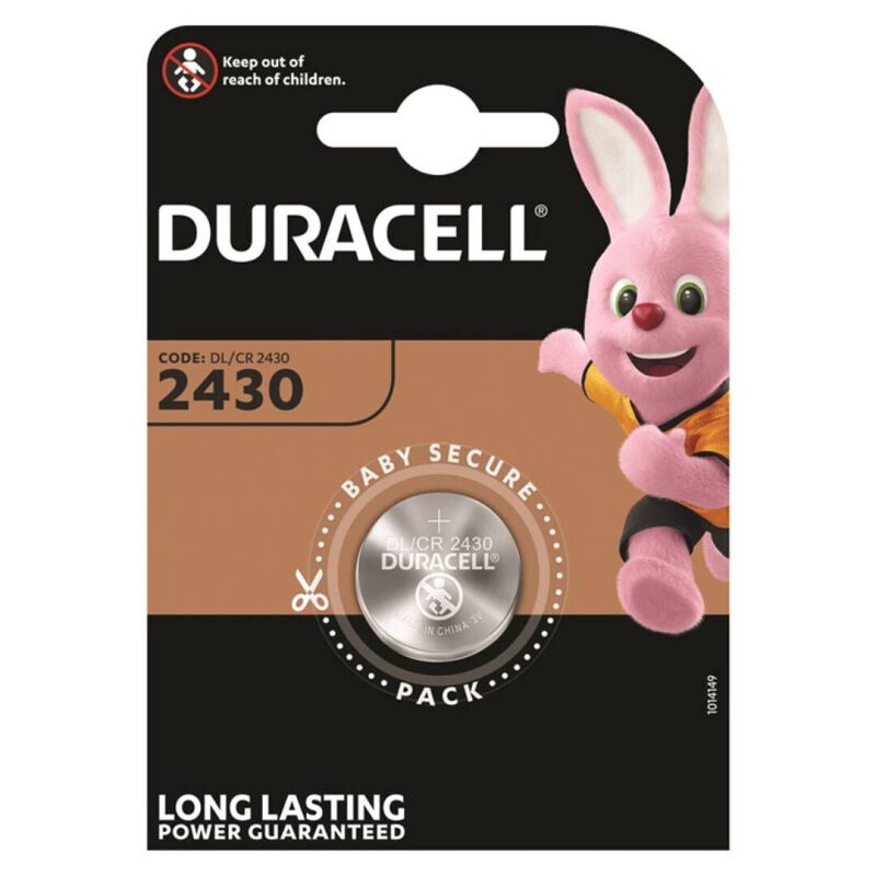 Pila botón de litio Duracell CR2430 de 3V en blister, pequeña y redonda, para dispositivos electrónicos.