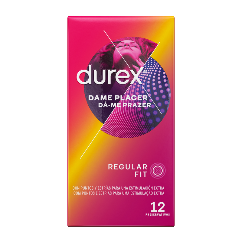 Durex Dame Placer condoms pack of 12, featuring a sleek design and vibrant packaging, ideal for enhanced intimacy.