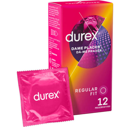 Durex Dame Placer condoms in a pack of 12, featuring a sleek design and vibrant packaging for enhanced pleasure.
