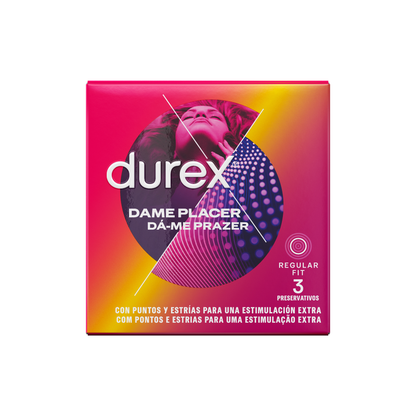 Condoms Durex Dame Placer, paquete de 3 unidades, con envoltorio individual y diseño para mayor confort.