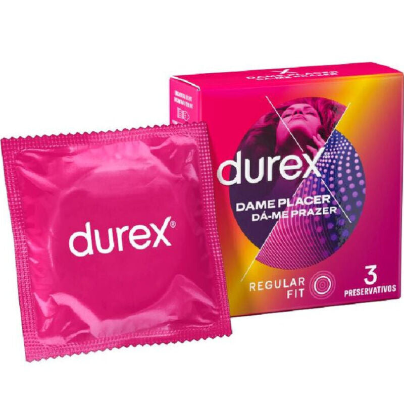 Paquete de tres condones Durex Dame Placer, envase con tres unidades de condones de la marca Durex para mayor seguridad y placer.