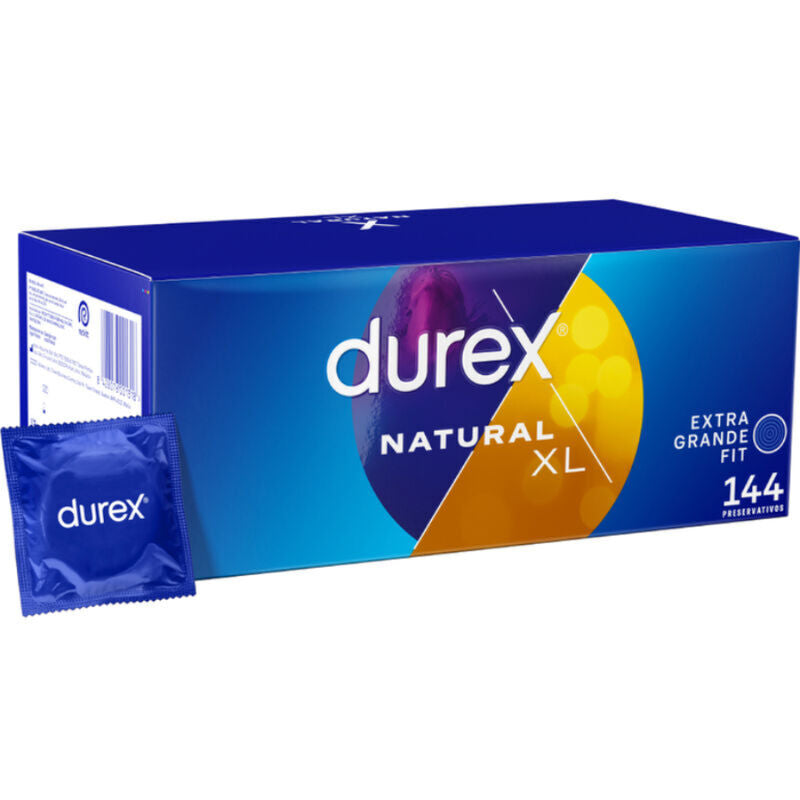 Condones Durex Extra Large XL, paquete con 144 unidades, en envoltorio individual, para mayor comodidad y protección.