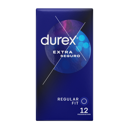 Paquete de 12 preservativos Durex Extra Seguro, condones de látex para protección confiable, en su envoltorio individual.
