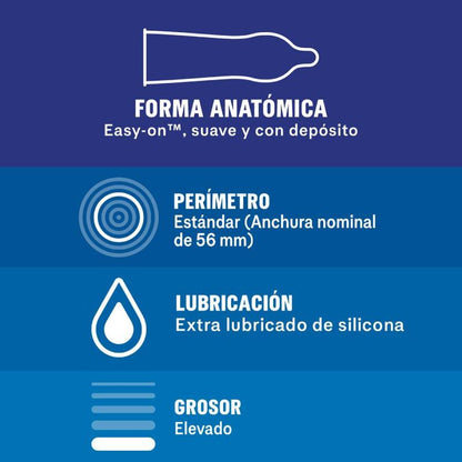 Condones Durex Extra Seguro en caja de 12 unidades, con empaque blanco y diseño simple, para mayor protección y seguridad.