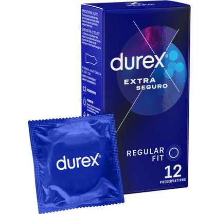 Condones Durex Extra Seguro en caja de 12 unidades, con empaque y detalles del producto visible.