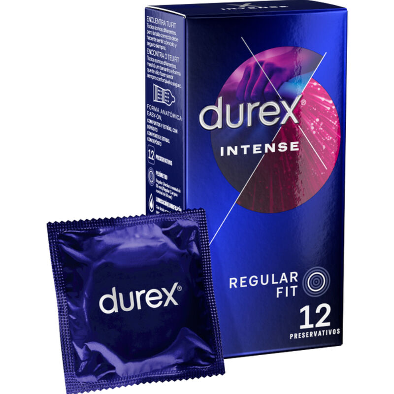 Condones Durex Intense Orgasmic de 12 unidades, con diseño y textura para mayor sensibilidad y placer.
