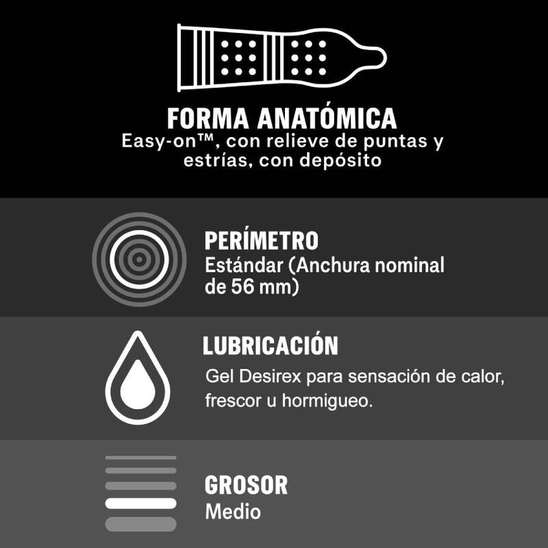 Condones Durex Intense Orgasmic de 12 unidades, con textura para mayor placer durante el sexo en imagen.