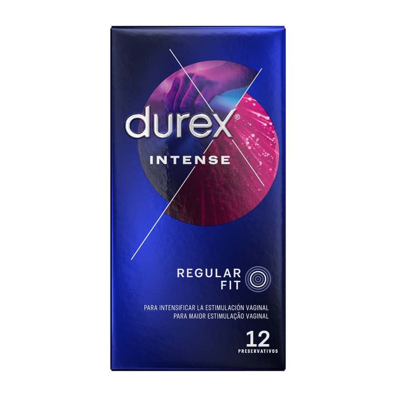 Condoms Durex Intense Orgasmic, paquete con 12 unidades, con diseño y marca visible en la imagen