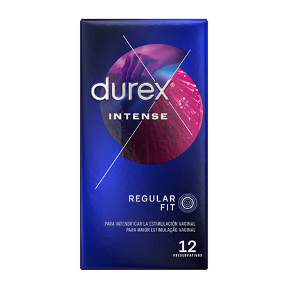 Condoms Durex Intense Orgasmic, paquete con 12 unidades, con diseño y marca visible en la imagen