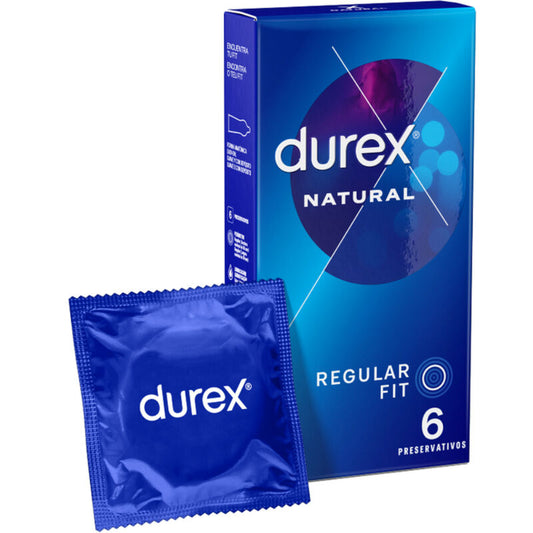 Durex Natural Classic condoms 6-pack showing sleek packaging with a focus on safety and comfort.