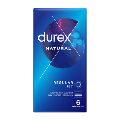 Durex Natural Classic condoms pack of 6 units, featuring a smooth texture and standard size for comfort and reliability.