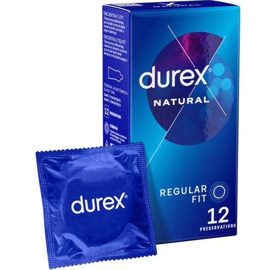 Condones Durex Natural Plus, paquete de 12 unidades, con envoltorio individual y diseño transparente.