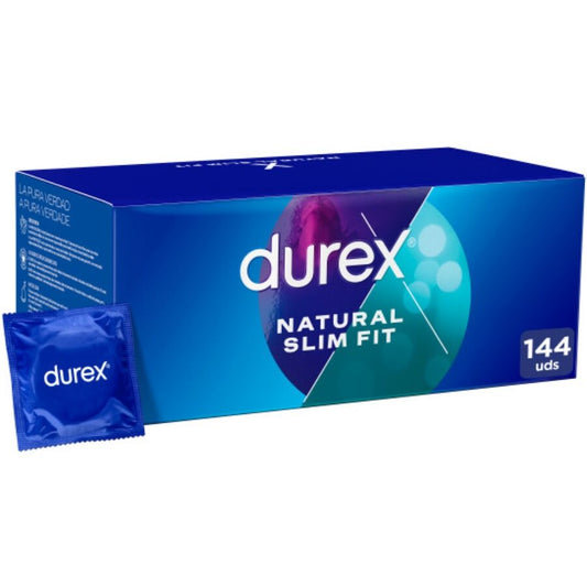 Condones Durex Natural Slim Fit Basic en caja de 144 unidades, diseño ajustado y natural para mayor comodidad y protección.