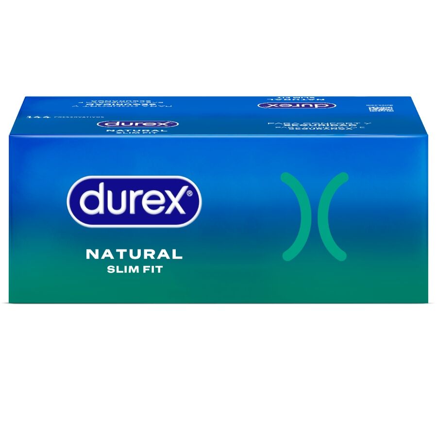 Condones Durex Natural Slim Fit Basic en caja de 144 unidades, condones lubricados y ajustados para mayor comodidad.