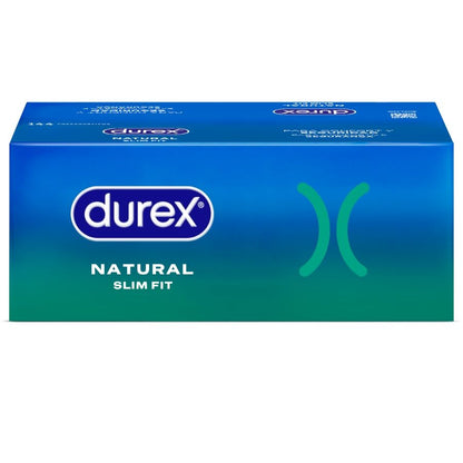 Condones Durex Natural Slim Fit Basic en caja de 144 unidades, condones lubricados y ajustados para mayor comodidad.