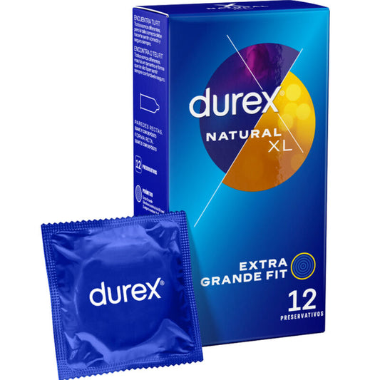 Condones Durex Natural XL en caja de 12 unidades, con empaque y detalles visibles en la imagen.