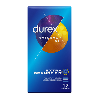 Condones Durex Natural XL, paquete con 12 unidades, visibles en la imagen, para mayor protección y comodidad.
