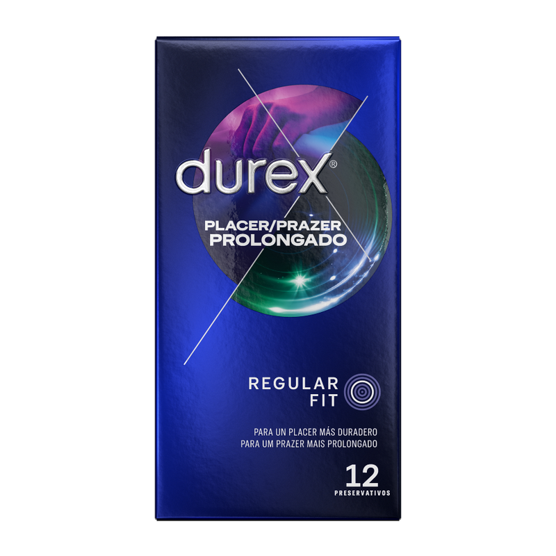 Condones Durex Placer Prolongado Retardante, paquete de 12 unidades, con envoltorio y marca visible.