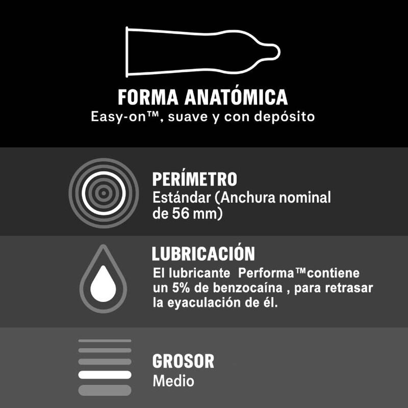 Condones Durex Placer Prolongado Retardante de 12 unidades, paquete con condones lubricados y diseñados para mayor duración.