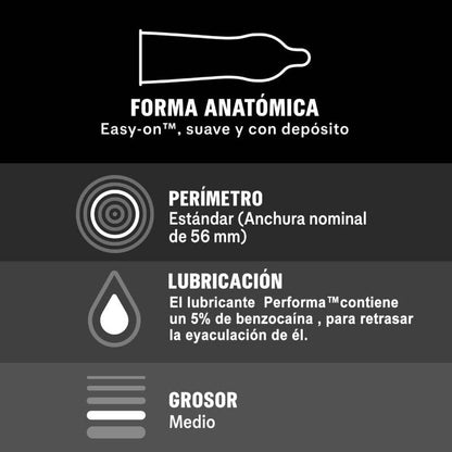 Condones Durex Placer Prolongado Retardante de 12 unidades, paquete con condones lubricados y diseñados para mayor duración.