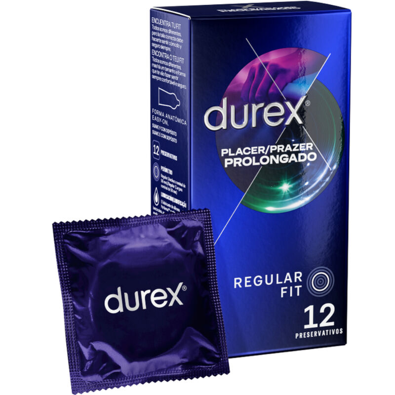 Condones Durex Placer Prolongado Retardante, paquete de 12 unidades, con envoltorio y marca visible.