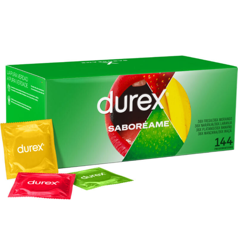 Condones Durex Pleasure Fruits de 144 unidades en la caja, con envoltorios coloridos y sabor frutal visible en la imagen.