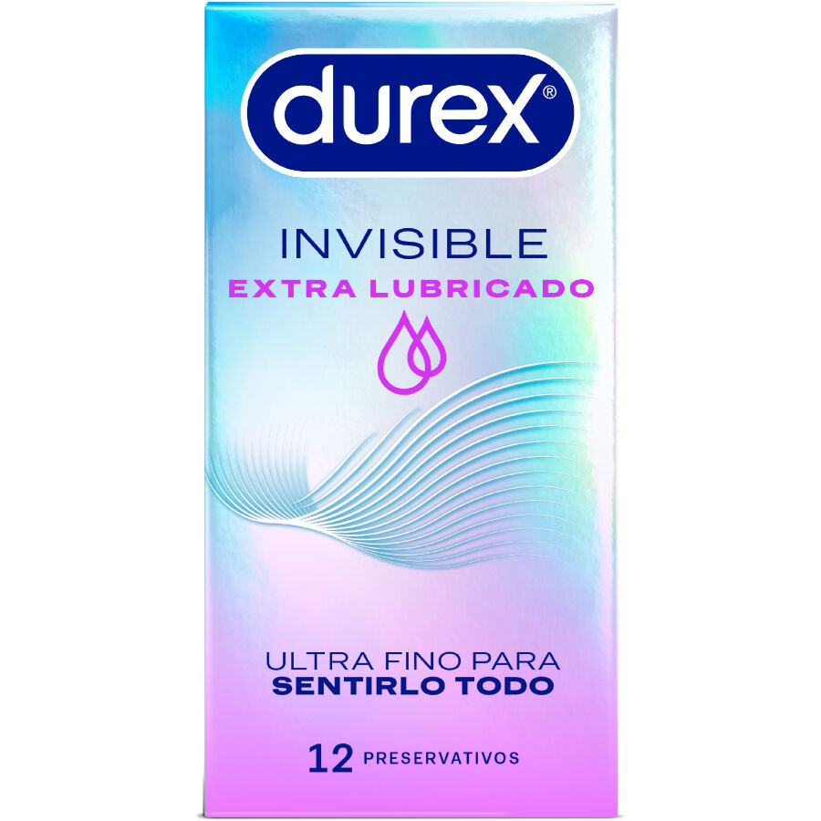 Preservativos Durex Invisible Extra Lubricado, caja con 12 unidades, envase con preservativos transparentes y lubricados.