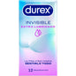 Preservativos Durex Invisible Extra Lubricado, caja con 12 unidades, envase con preservativos transparentes y lubricados.