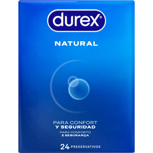 Durex Natural condoms pack of 24 units, featuring a sleek design and clear packaging, ideal for safe intimacy.