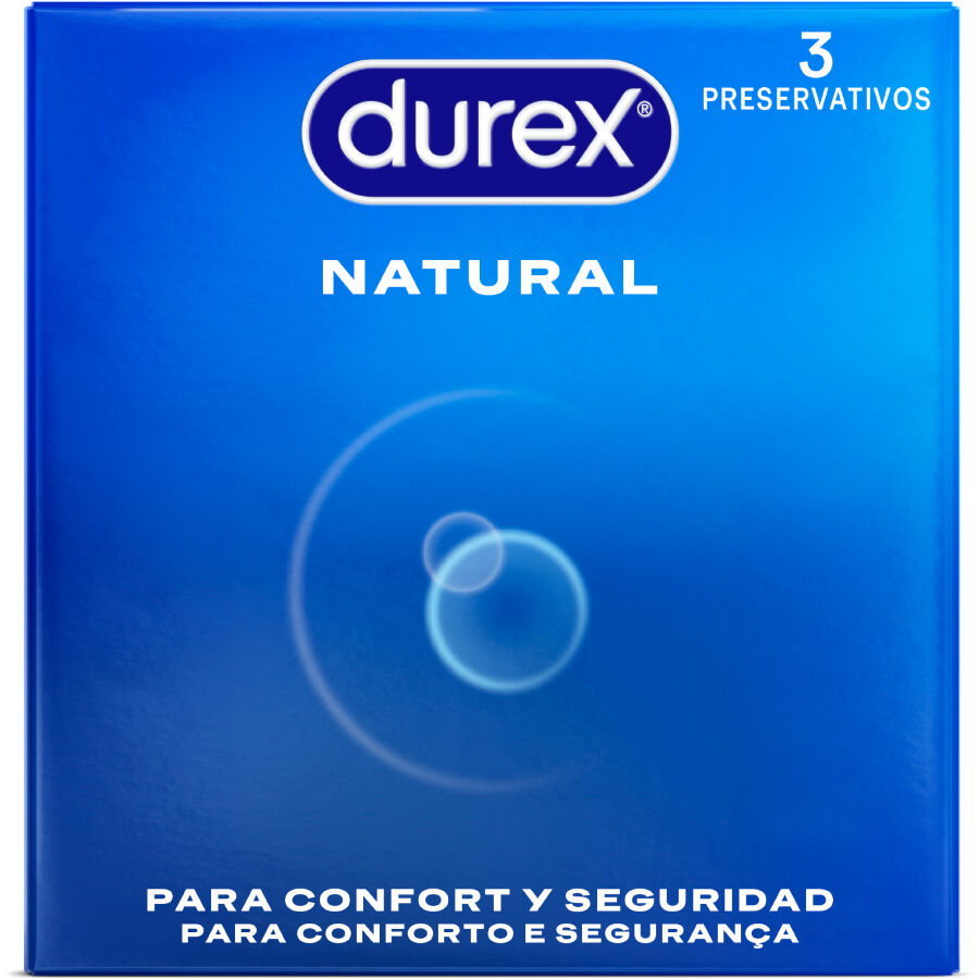 Durex Natural condoms pack of 3 units with a focus on a sleek, discreet design and clear packaging.