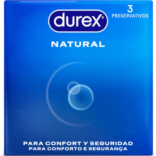 Durex Natural condoms pack of 3 units with a focus on a sleek, discreet design and clear packaging.