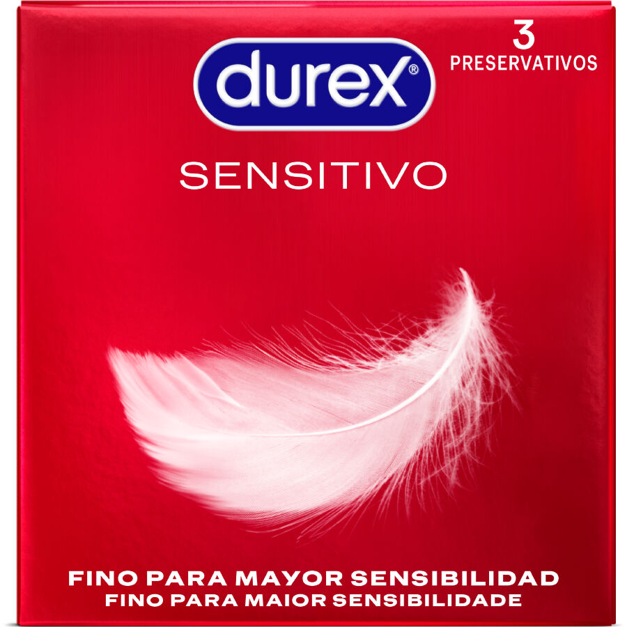 Condones Durex Sensitivo en paquete de 3, textura fina para mayor sensibilidad y placer en productos de protección sexual.