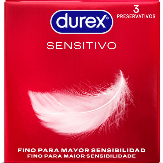 Condones Durex Sensitivo en paquete de 3, textura fina para mayor sensibilidad y placer en productos de protección sexual.
