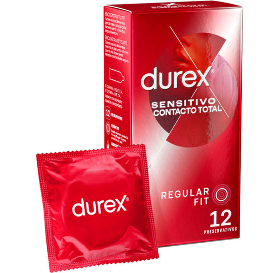 Durex Sensitivo Contacto Total condoms pack featuring 12 ultra-thin condoms for enhanced sensitivity and comfort.