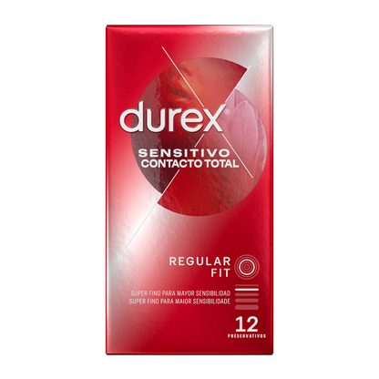 Durex Sensitivo Contacto Total condoms pack of 12, showcasing sleek packaging and individual condom wrappers.