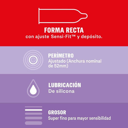 Durex Sensitivo Contacto Total condoms, 12 units, featuring ultra-thin design for heightened sensitivity and comfort.