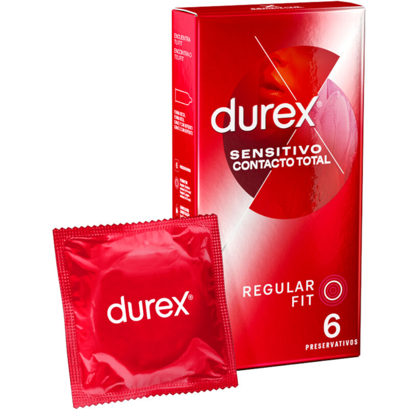 Durex Sensitivo Contacto Total condoms in pack of 6, showcasing ultra-thin design for enhanced sensitivity.