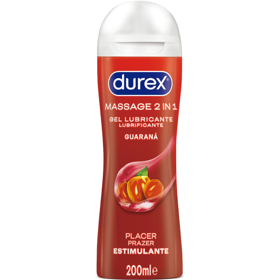 DUREX stimulating massage gel with guarana in a 200 ml bottle, featuring a smooth texture and vibrant packaging design.