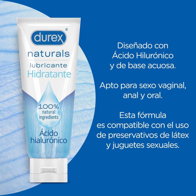 Lubricante hidratante DUREX NATURALS en frasco de 100 ml, con fórmula suave y natural para mayor comodidad.