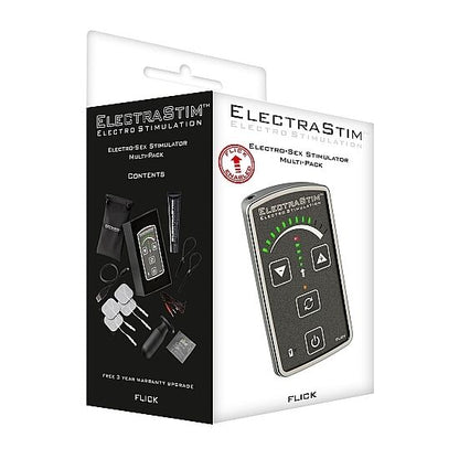 Electrastim Flick Stimulator Multi-Pack showing compact portable electrostimulation devices with control panels and electrode cables.