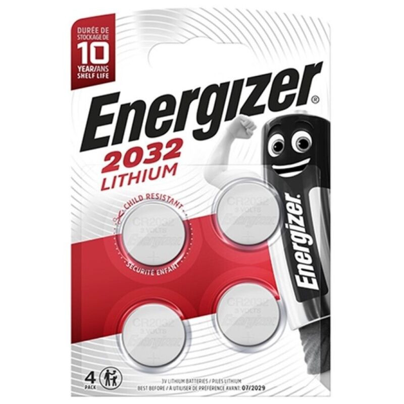 Baterías de botón de litio Energizer CR2032 de 3V en blister con cuatro unidades, ideales para relojes y dispositivos electrónicos.