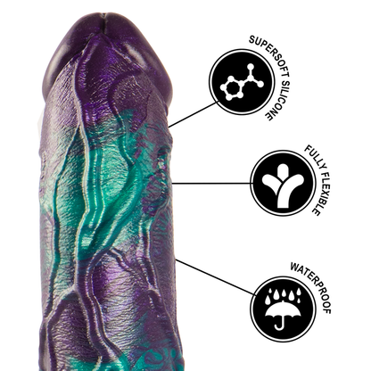 Dildo doble placer escamoso grande de la marca EPIC, diseño realista y texturizado para mayor placer.