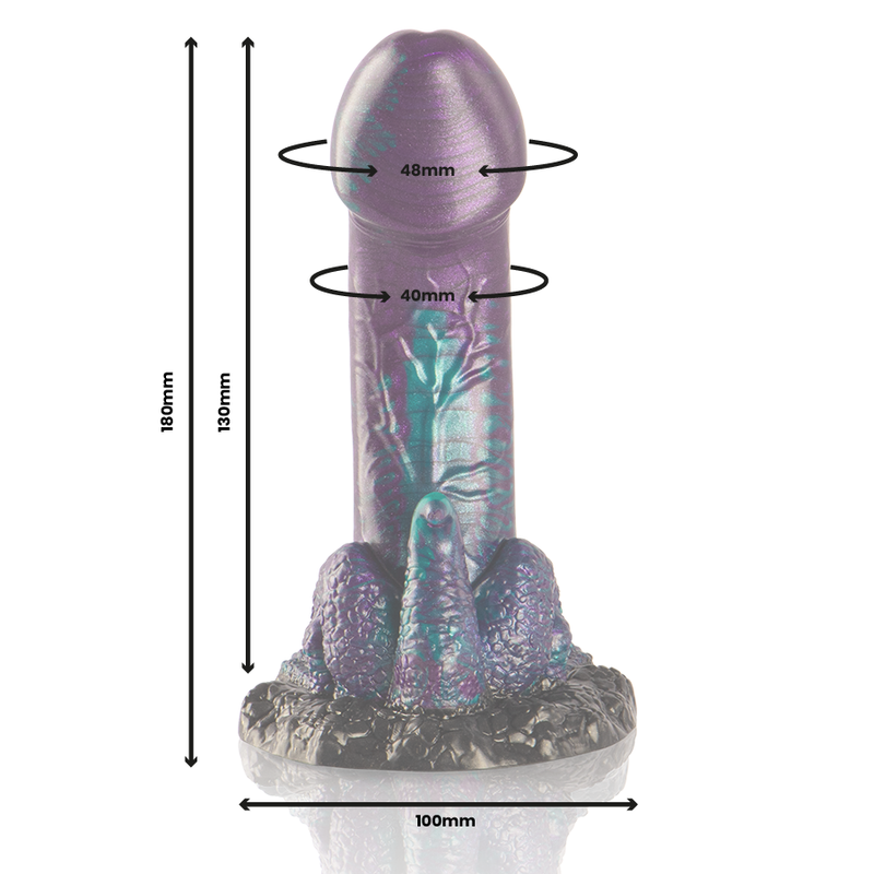 Dildo doble Basilisk de EPIC, con textura escamosa y tamaño pequeño, diseñado para placer dual y estimulación.