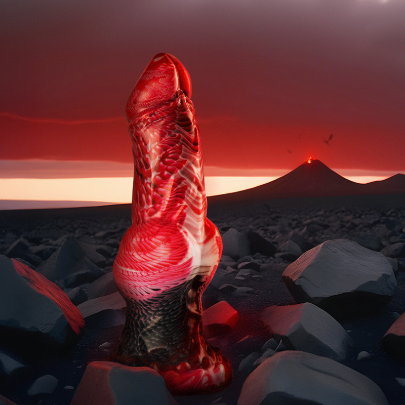 Dildo EPIC Helios con testículos, calor y éxtasis, con detalles realistas y textura suave para placer íntimo.