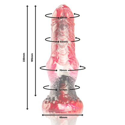 Dildo EPIC Helios con testículos de silicona, calor y éxtasis, en color negro, con textura realista y detalles anatómicos.